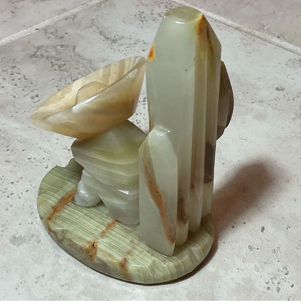 Vintage Mexican carved onyx sombrero man siesta and cactus statue.